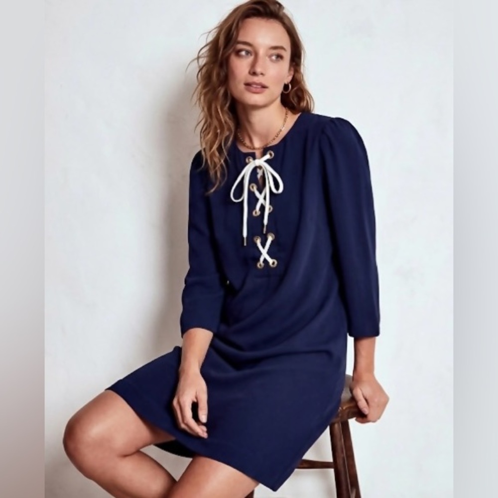 $395 Shoshanna Navy Blue Nikki Lace-Up Shift Dress - Nautical Preppy - Size 6